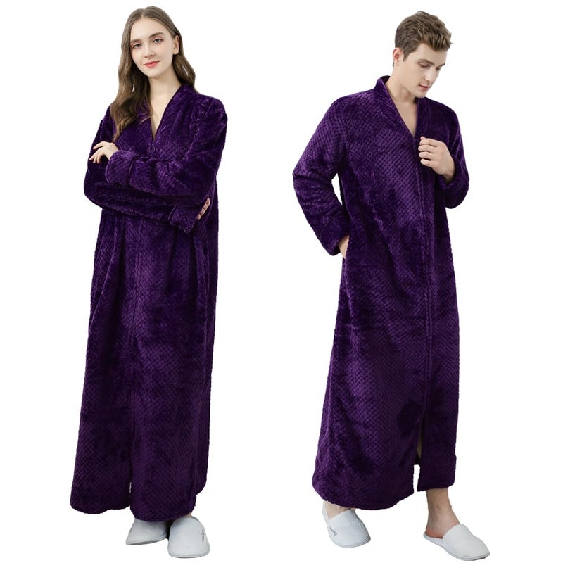 Oksun Womens Fleece Warm Robe: Cozy Flannel Long Zipper Bathrobe - Plush Winter Housecoat Nightgown (Purple, X-Large) - Image 3